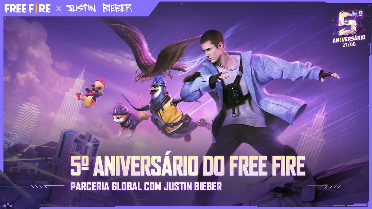 Justin Bieber celebrando cinco anos de Free Fire